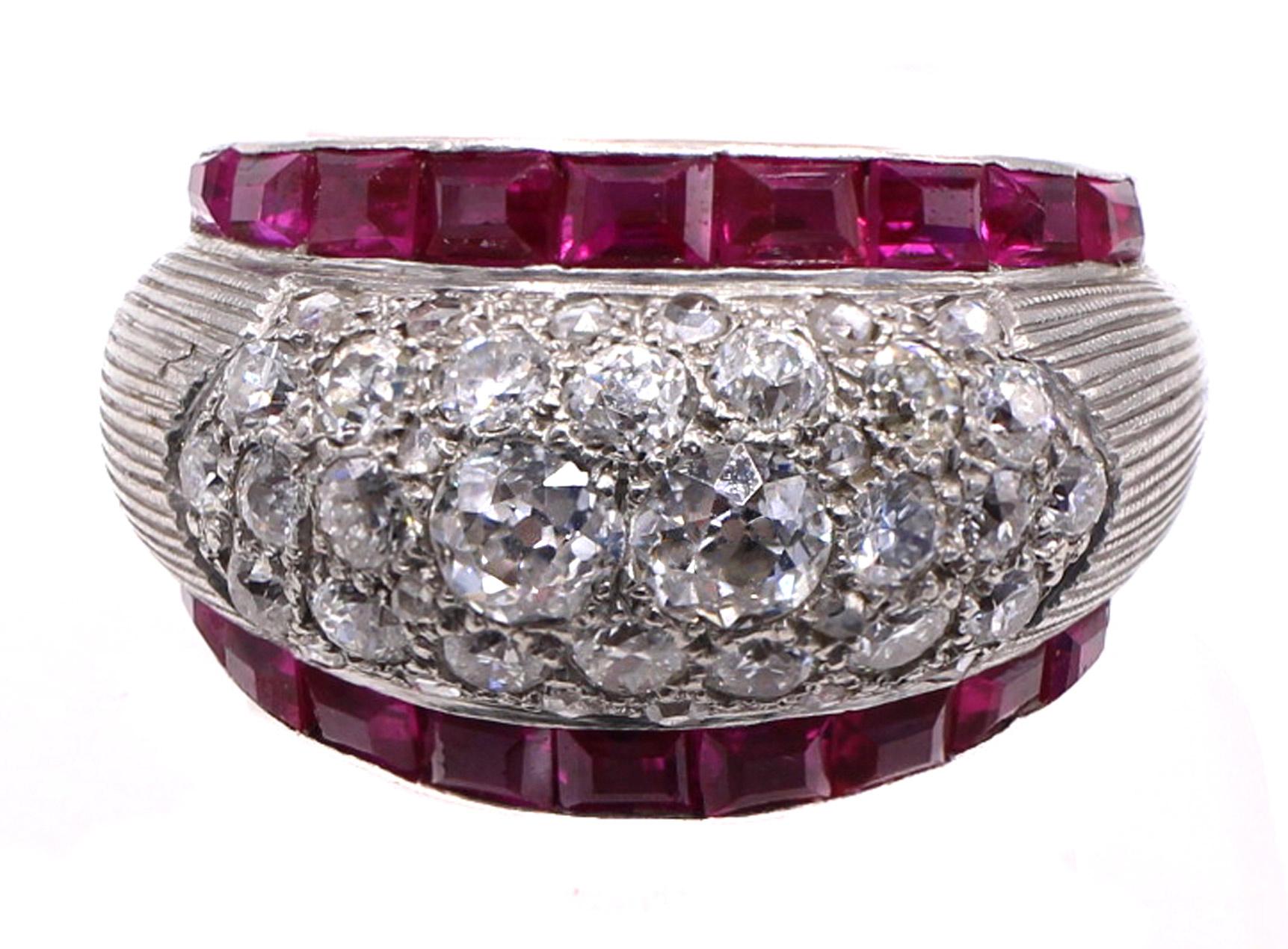 Women's or Men's Art Deco Diamond Ruby Platinum Ring For Sale