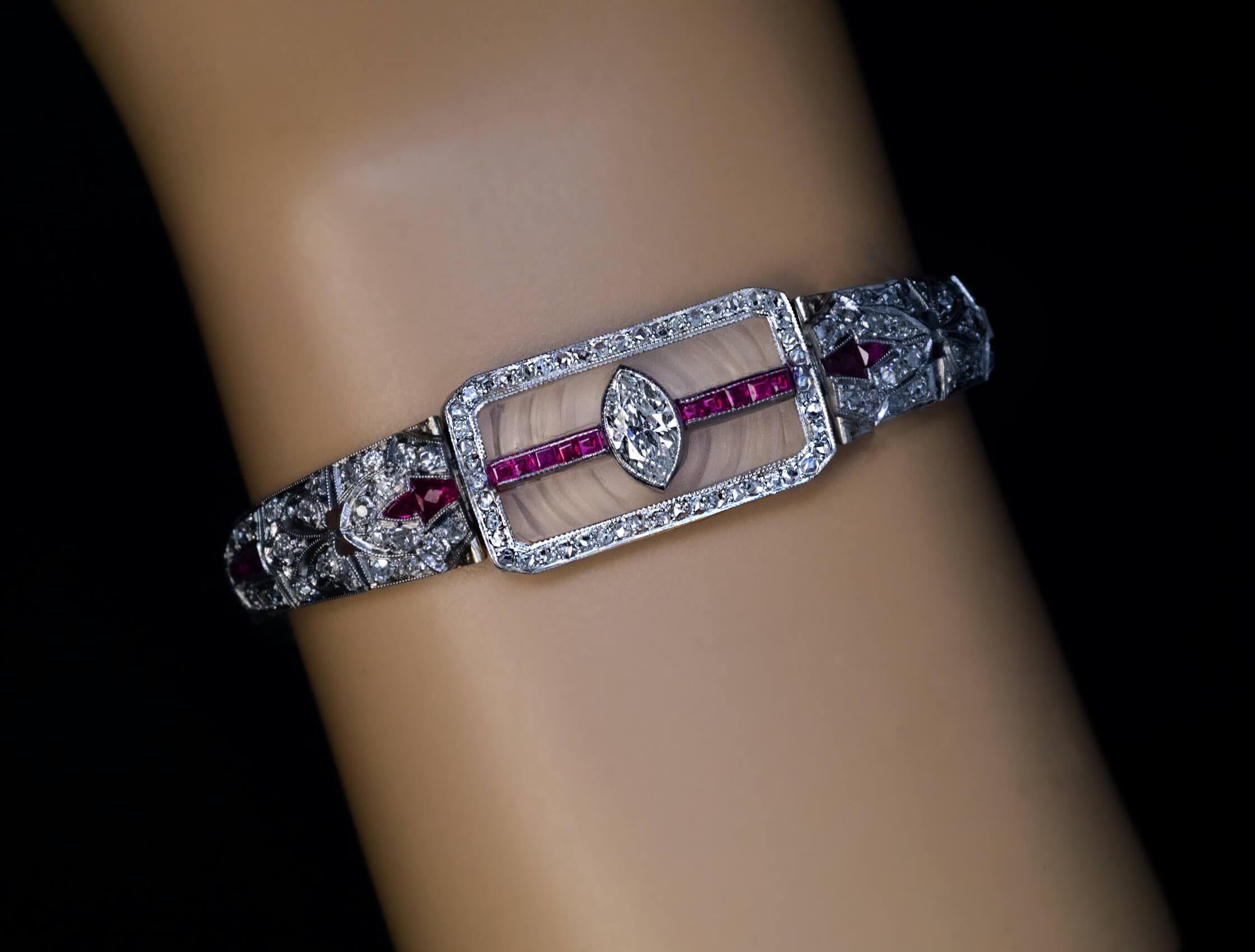 Marquise Cut Art Deco Diamond Ruby Rock Crystal Platinum Bracelet For Sale