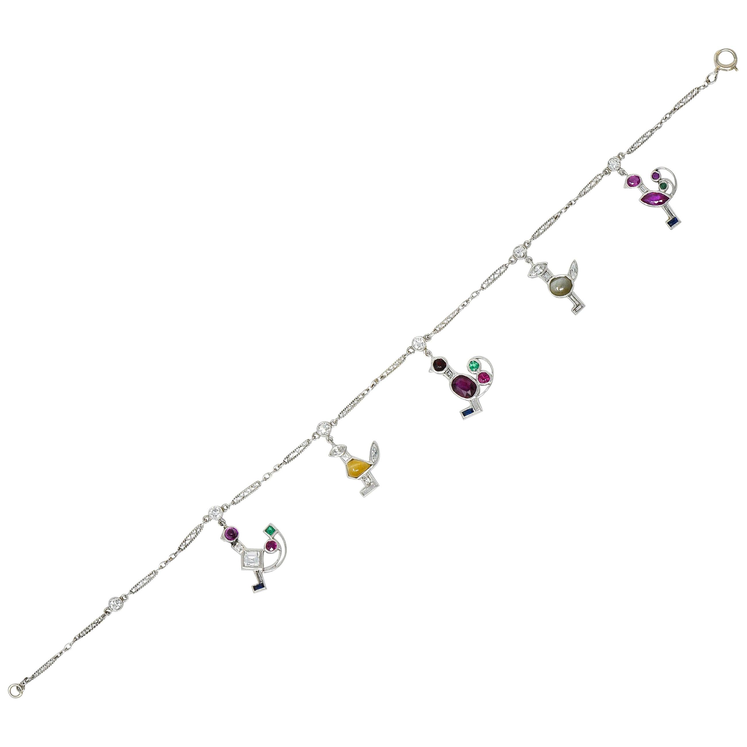 Art Deco Diamond Ruby Sapphire Multi-Gem Platinum Geometric Bird Charm Bracelet