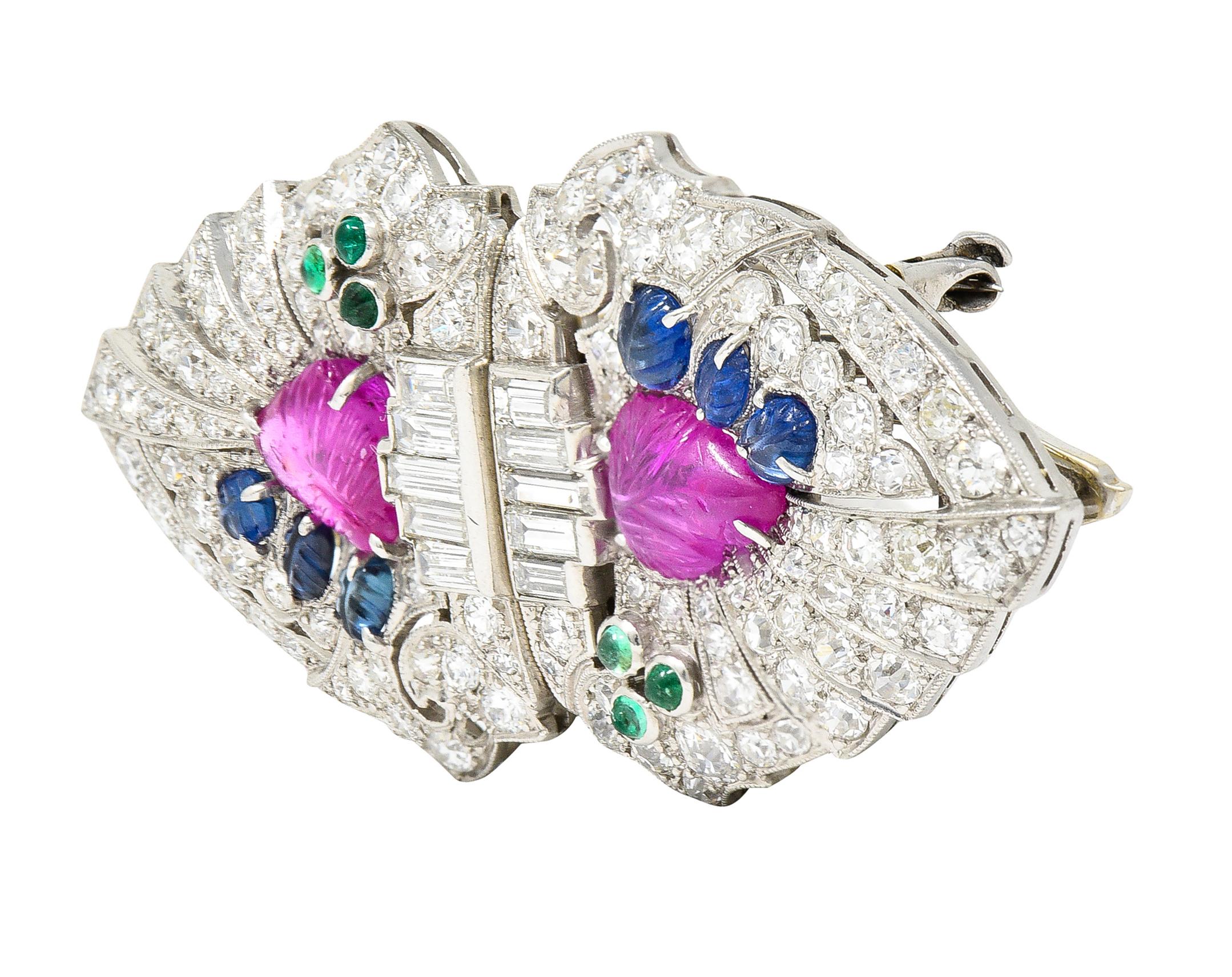 Art Deco Diamond Ruby Sapphire Platinum 18K White Gold Tutti Frutti Clips Brooch In Excellent Condition In Philadelphia, PA