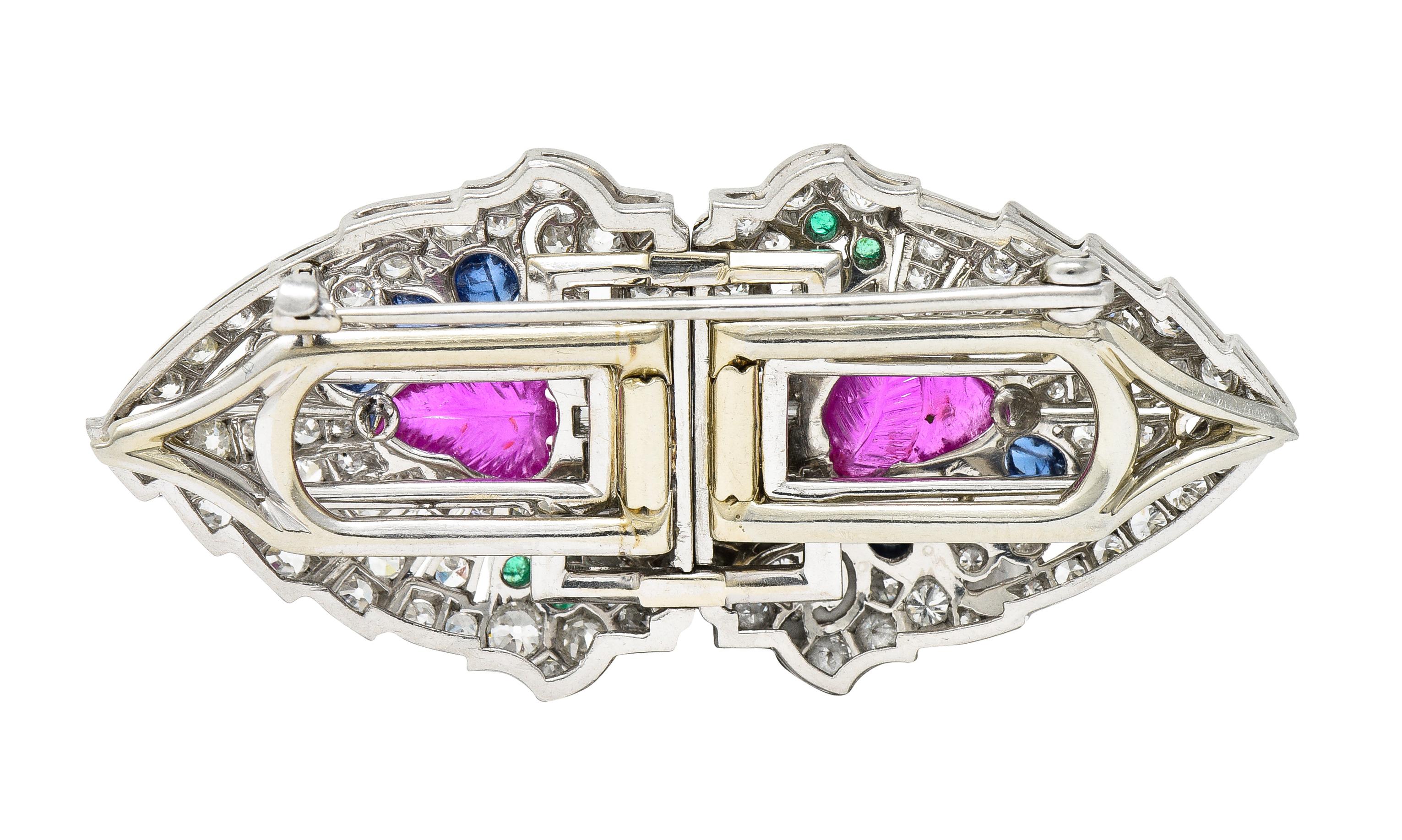 Women's or Men's Art Deco Diamond Ruby Sapphire Platinum 18K White Gold Tutti Frutti Clips Brooch