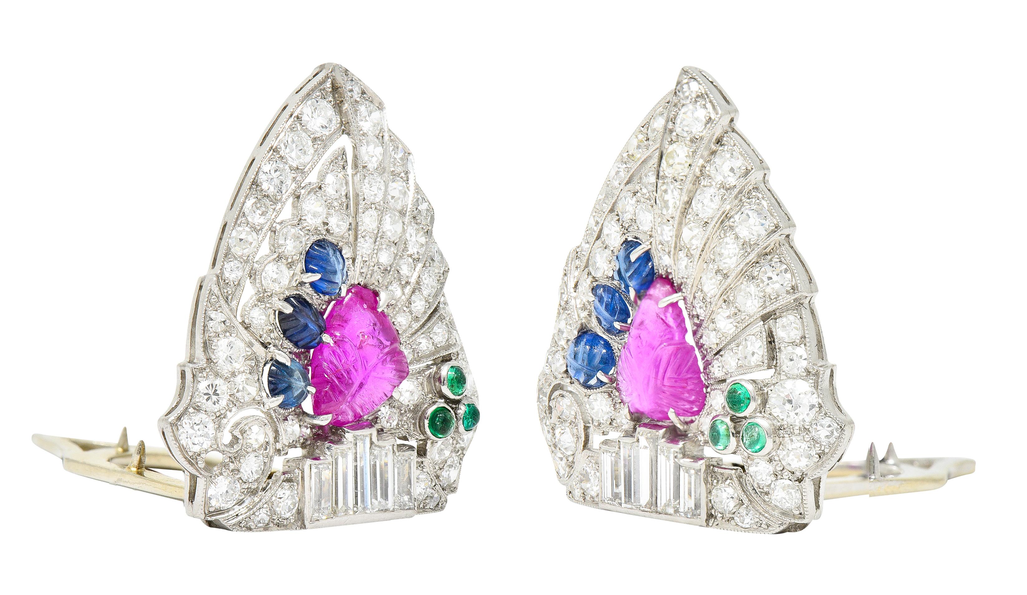 Art Deco Diamond Ruby Sapphire Platinum 18K White Gold Tutti Frutti Clips Brooch 2