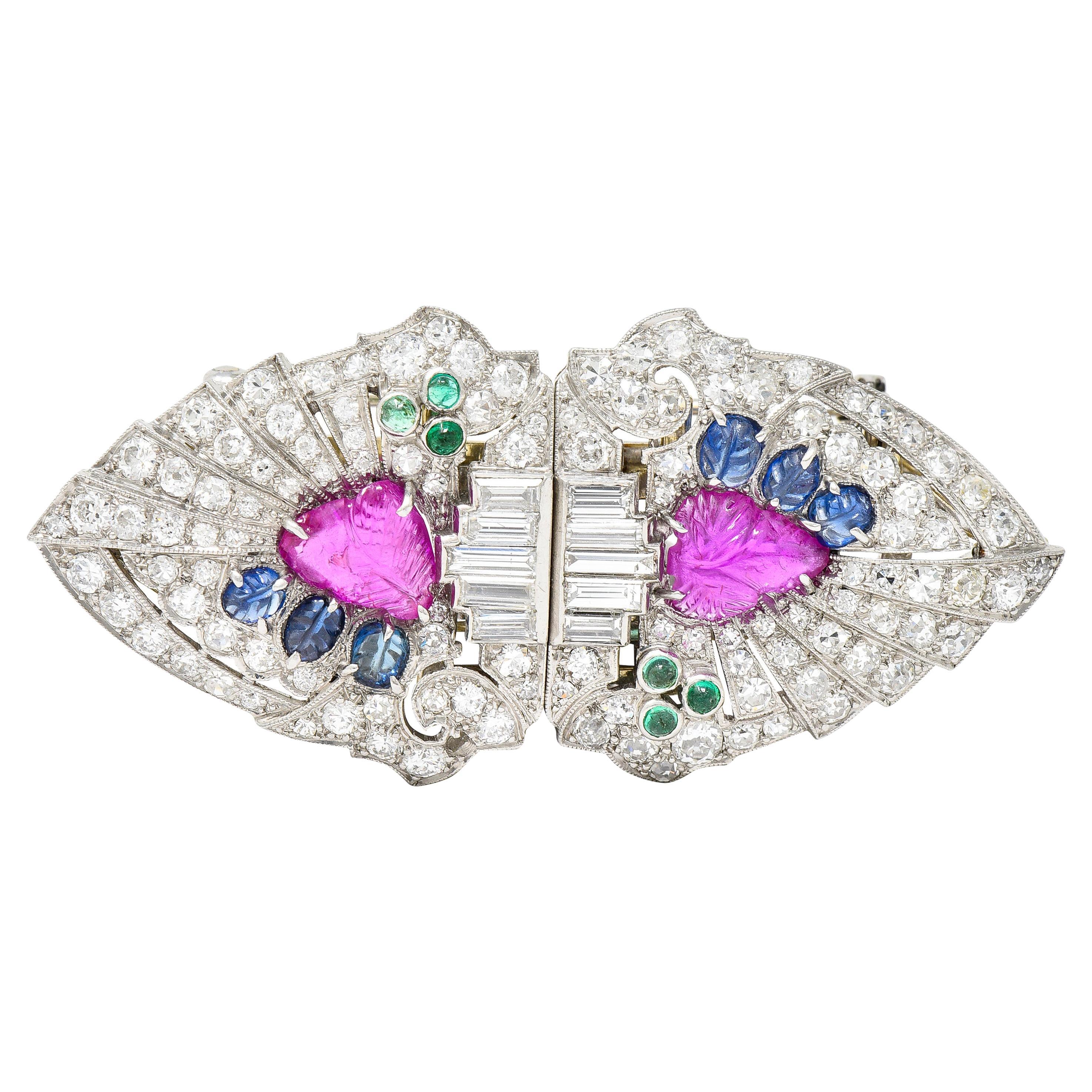 Art Deco Diamond Ruby Sapphire Platinum 18K White Gold Tutti Frutti Clips Brooch