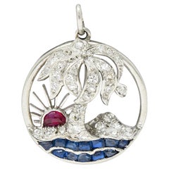 Art Deco Diamond Ruby Sapphire Platinum Palm Tree Tropical Beach Charm