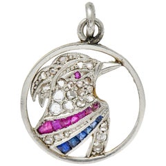 Antique Art Deco Diamond Ruby Sapphire Platinum-Topped 18 Karat Gold Heron Bird Charm