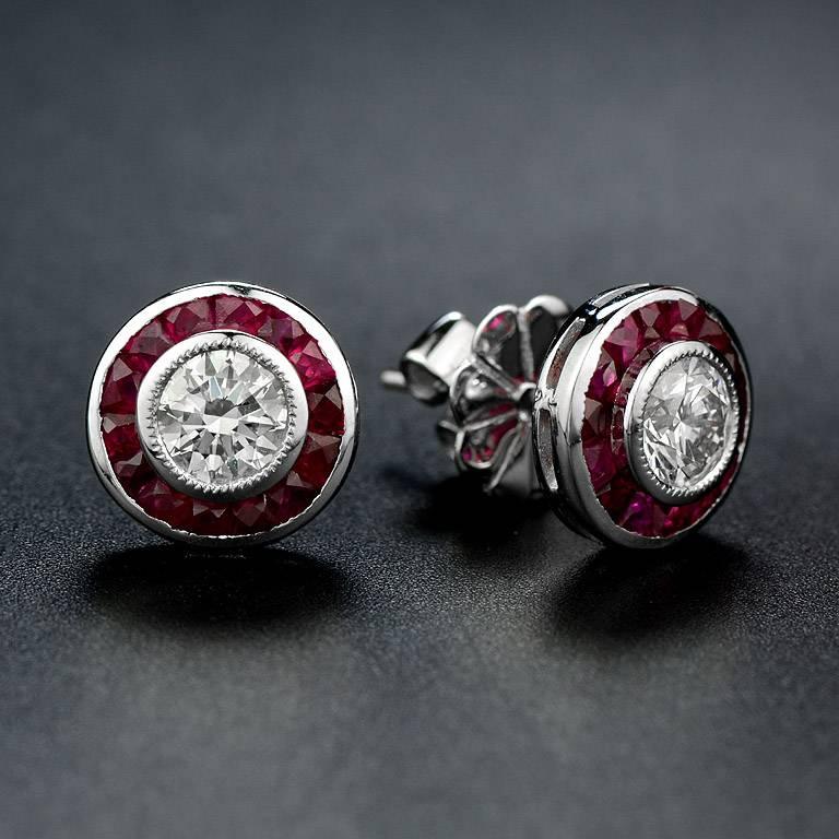 Art Deco Diamond Ruby Set Pendant and Stud Earrings