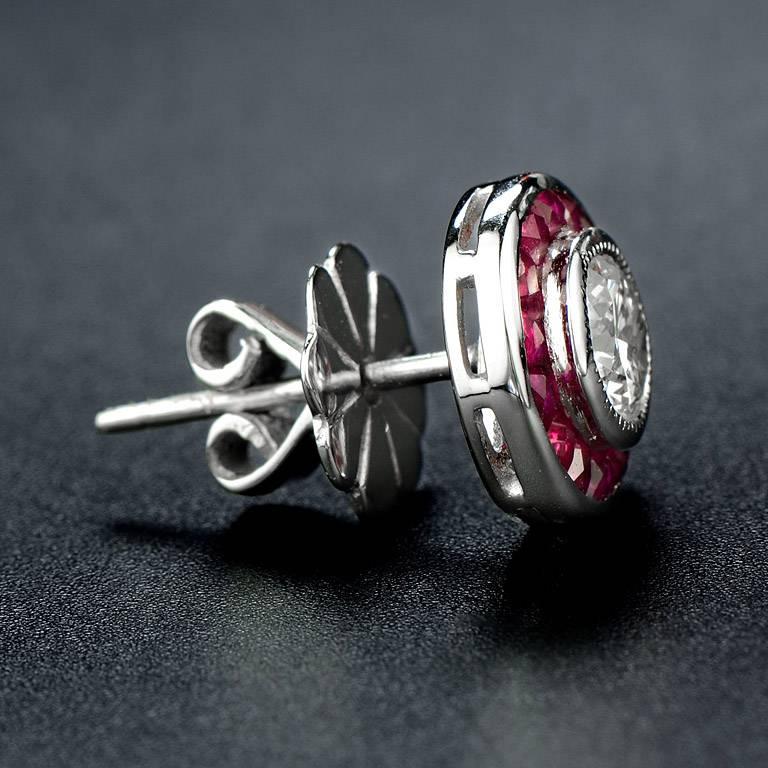 Round Cut Diamond Ruby Set Pendant and Stud Earrings