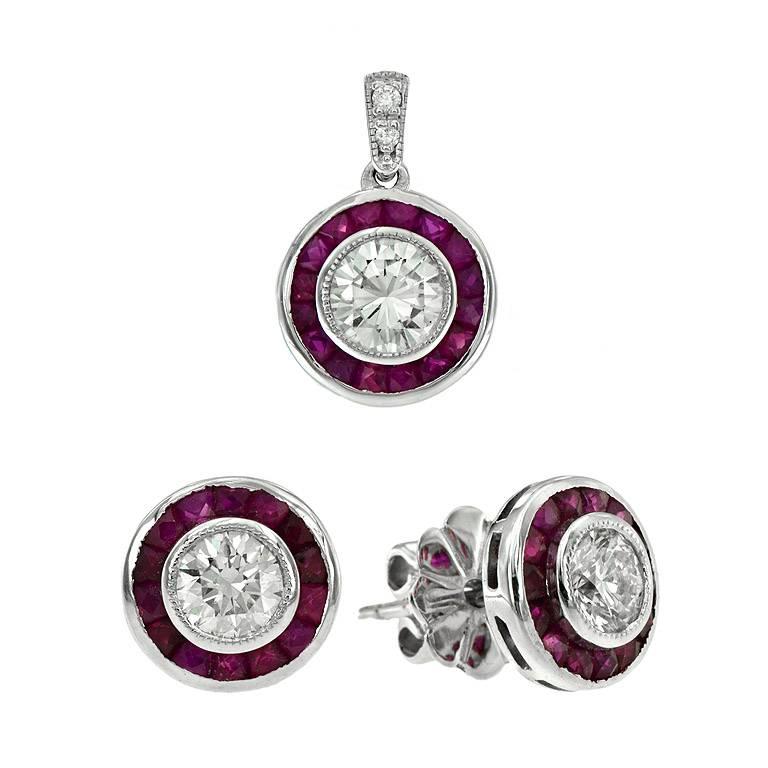 Diamond Ruby Set Pendant and Stud Earrings