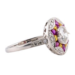 Art Deco Diamant, Rubin & Gelber Saphir Vintage Verlobungsring in Platin