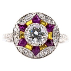 Art Deco Diamant, Rubin & Gelber Saphir Vintage Verlobungsring in Platin