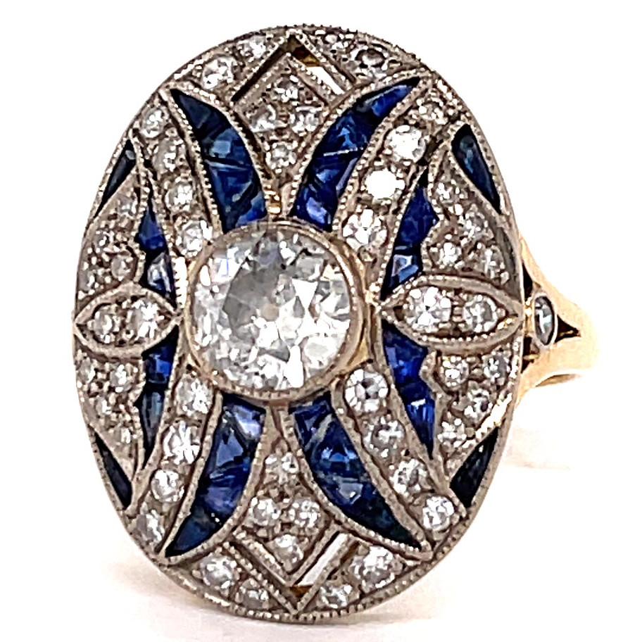 Women's or Men's Art Deco Diamond Sapphire 18 Karat Gold Ring