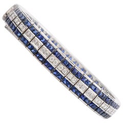 Art Deco Diamond Sapphire 18 Karat Gold Tennis Link Bracelet