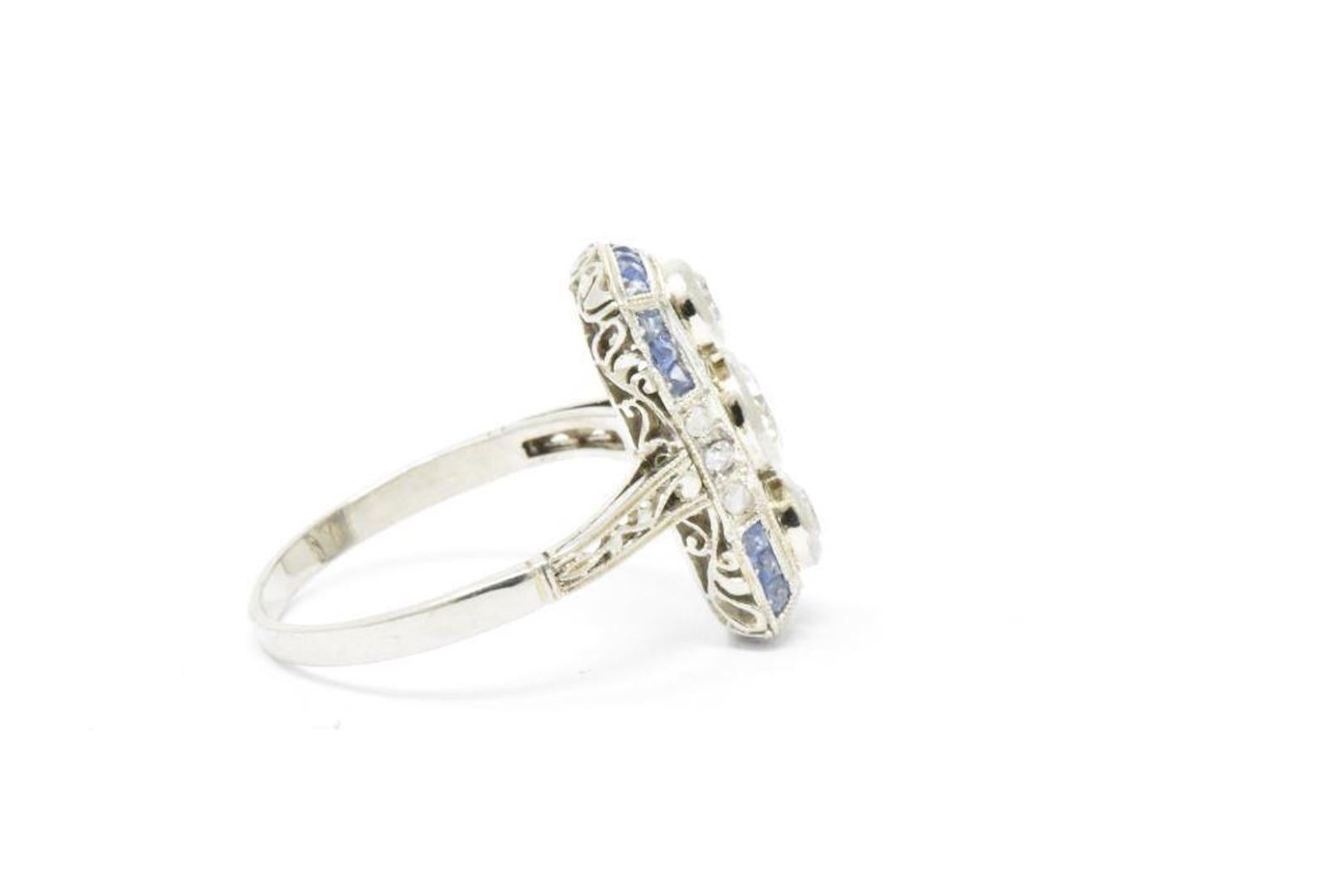 Art Deco Diamond Sapphire 18 Karat White Gold Alternative Engagement Ring In Good Condition In Philadelphia, PA