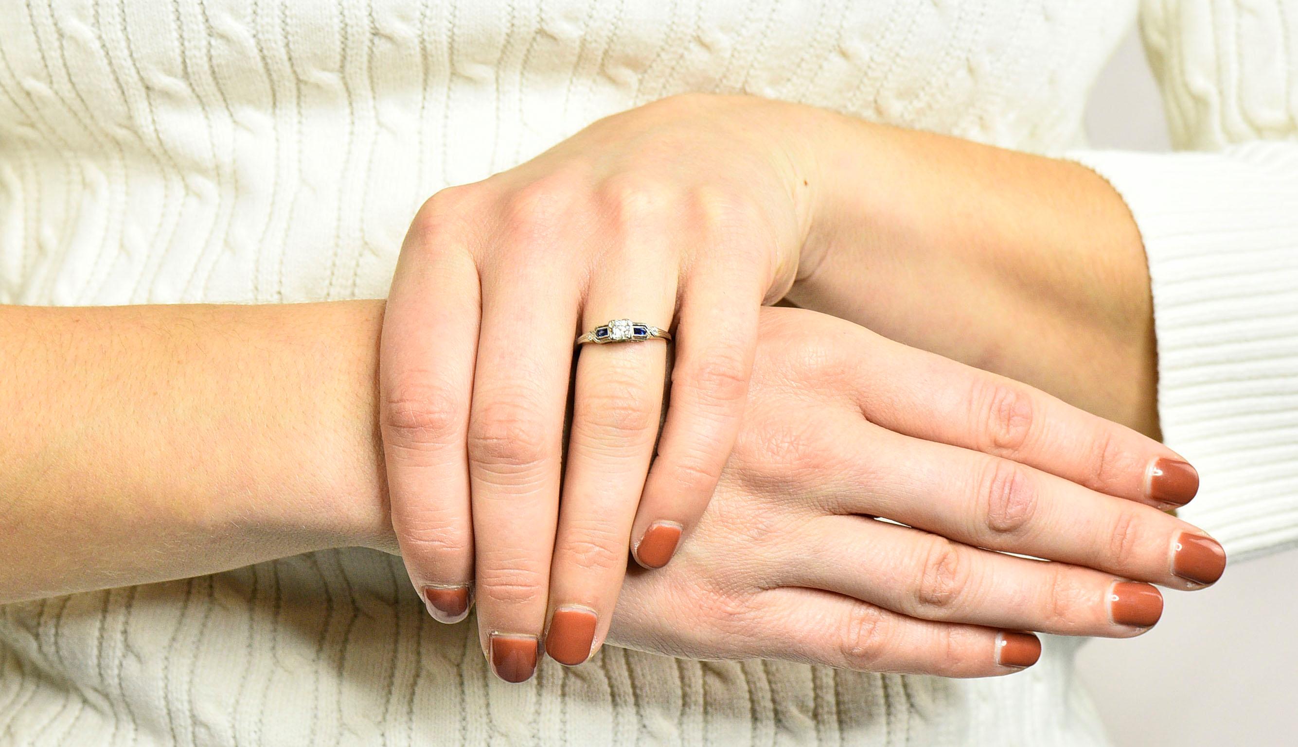 Art Deco Diamond Sapphire 18 Karat White Gold Engagement Ring 7