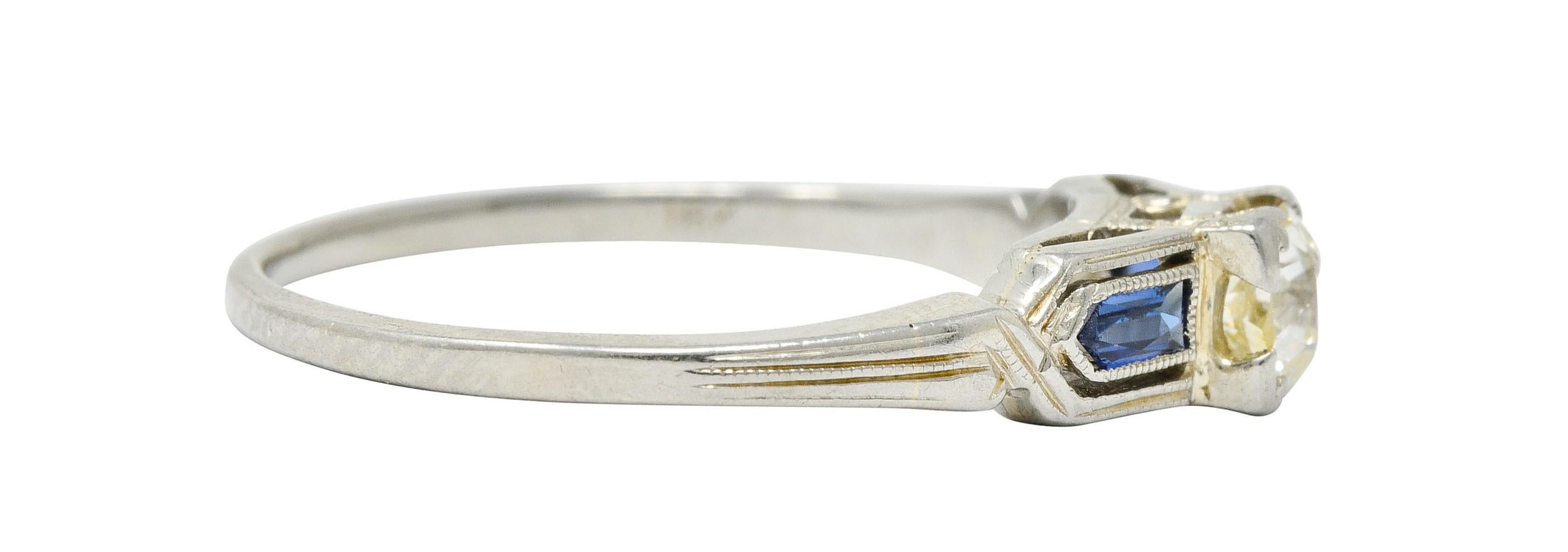 Old European Cut Art Deco Diamond Sapphire 18 Karat White Gold Engagement Ring