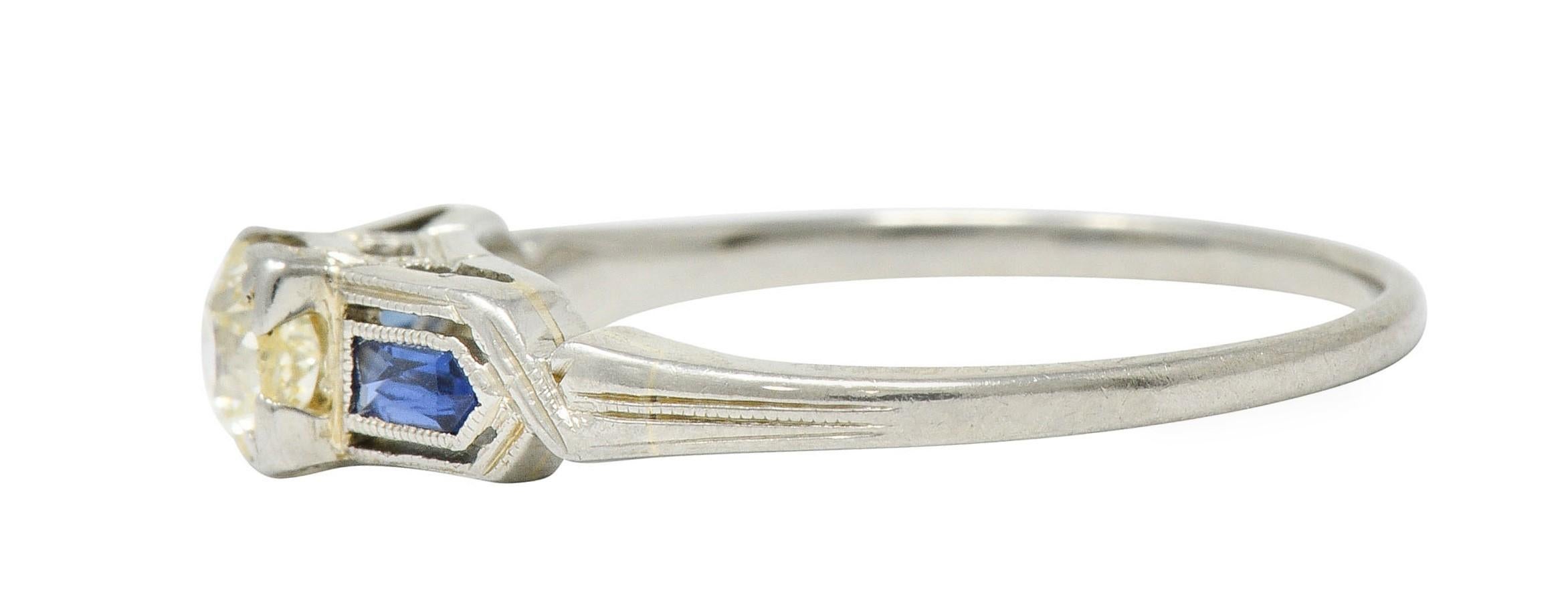 Women's or Men's Art Deco Diamond Sapphire 18 Karat White Gold Engagement Ring