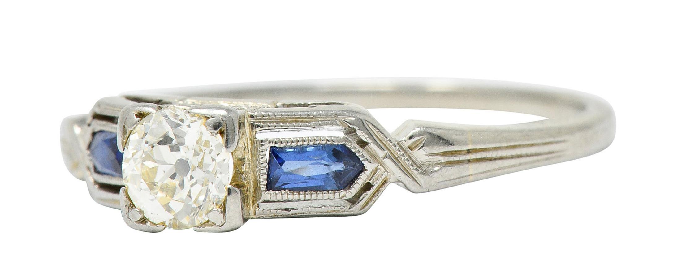 Art Deco Diamond Sapphire 18 Karat White Gold Engagement Ring 1