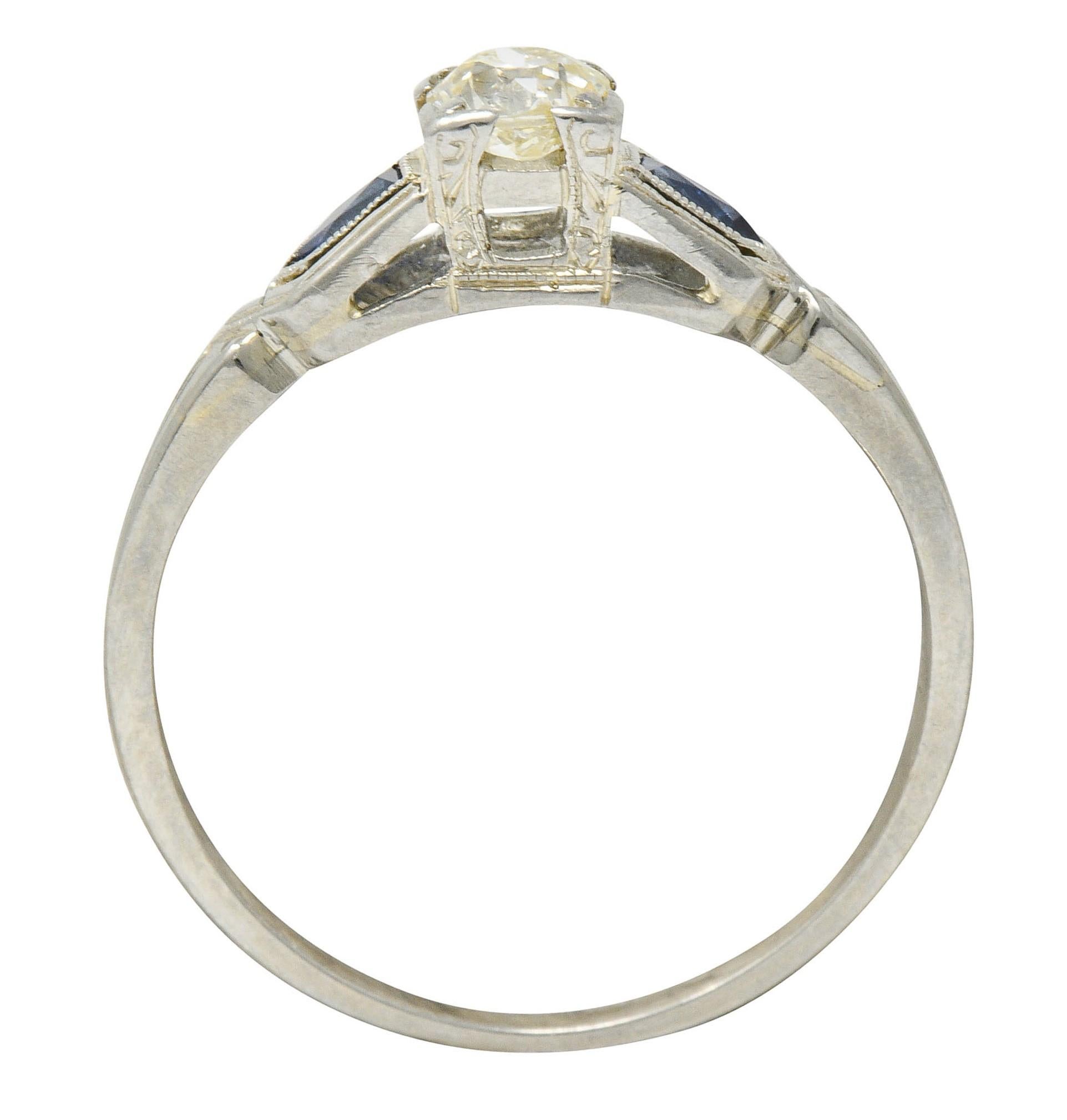 Art Deco Diamond Sapphire 18 Karat White Gold Engagement Ring 2