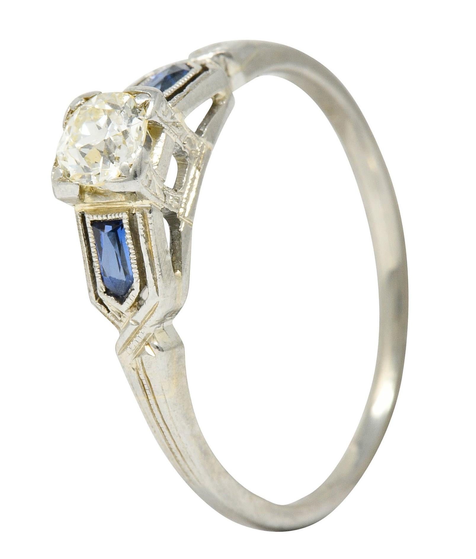 Art Deco Diamond Sapphire 18 Karat White Gold Engagement Ring 3
