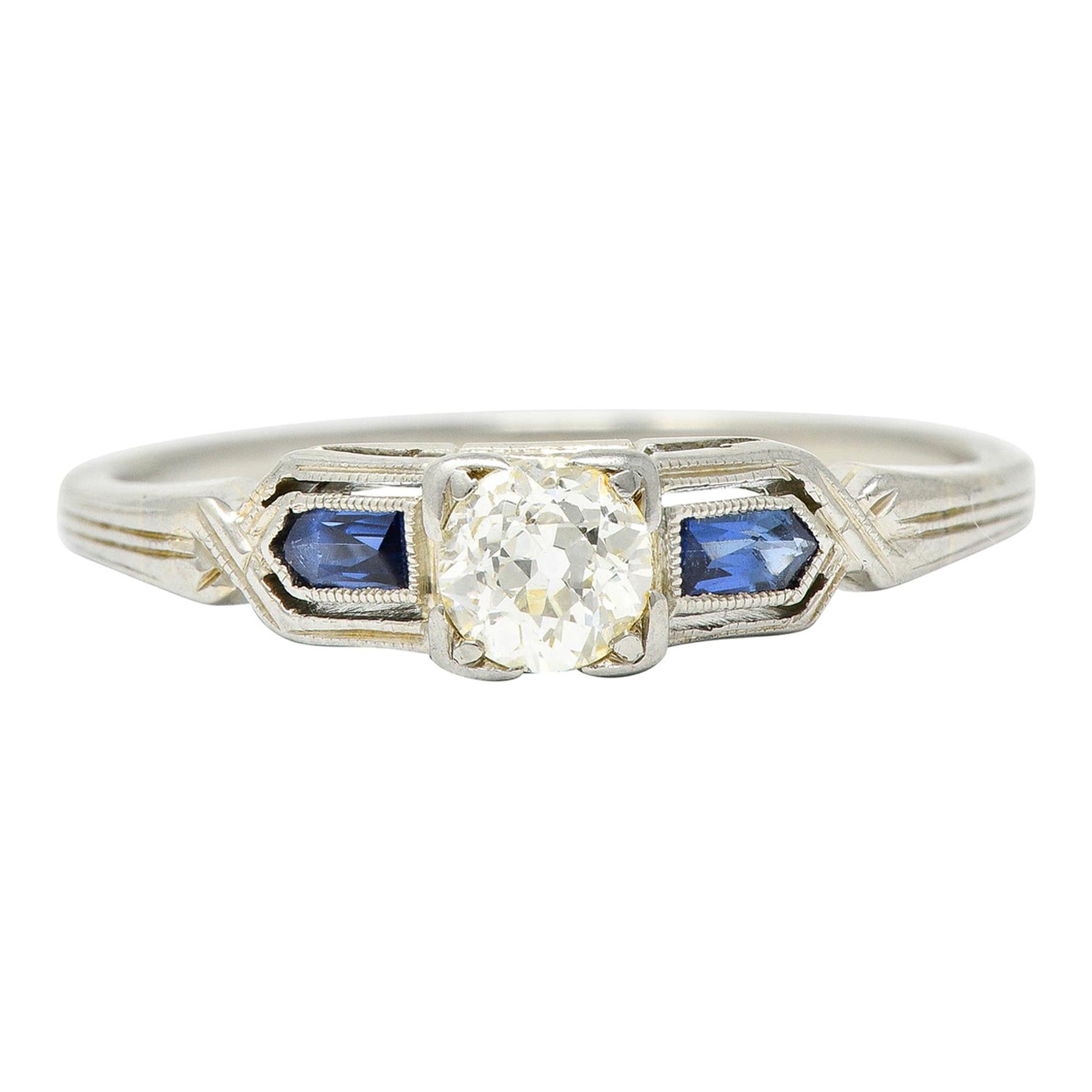 Art Deco Diamond Sapphire 18 Karat White Gold Engagement Ring