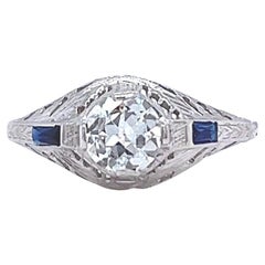 Art Deco 0.60 Carat Diamond Sapphire 18 Karat White Gold Engagement Ring