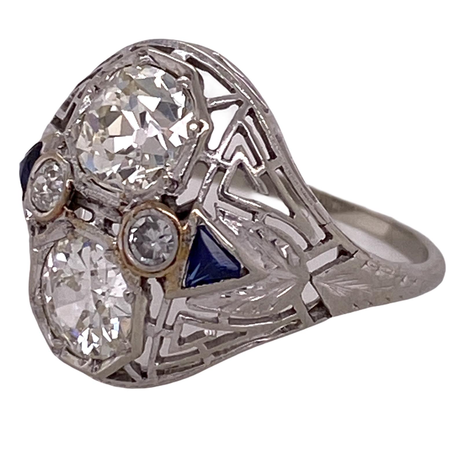 Art Deco Diamond Sapphire 18 Karat White Gold Estate Cocktail Ring In Good Condition In Boca Raton, FL