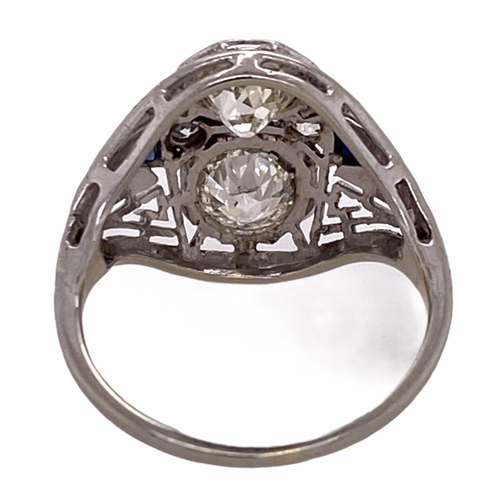 Women's Art Deco Diamond Sapphire 18 Karat White Gold Estate Cocktail Ring