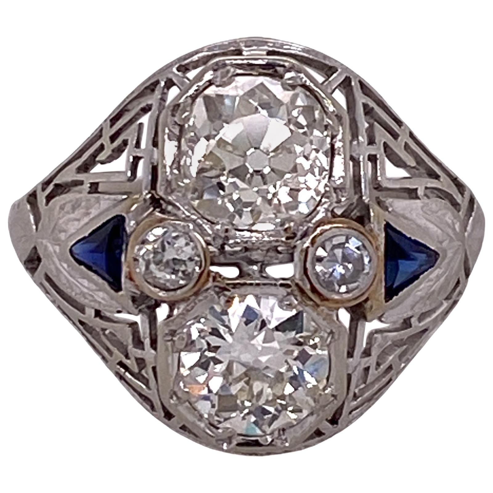 Art Deco Diamond Sapphire 18 Karat White Gold Estate Cocktail Ring