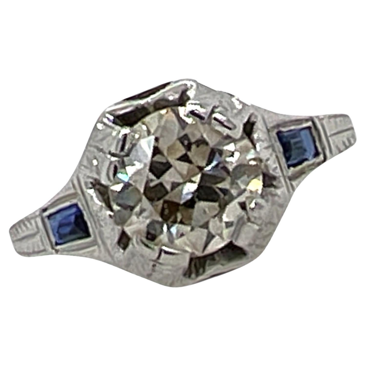 Vintage Art Deco 2.5Ct Diamond & Sapphire Engagement Wedding Ring 14k White Gold