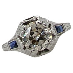 Art Deco Diamond Sapphire 18 Karat White Gold Estate Ring 1.17 CT Old European