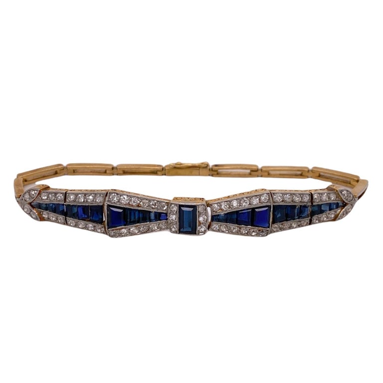 Women's Art Deco Diamond Sapphire 18 Karat Yellow Gold Platinum Link Vintage Bracelet