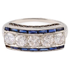 Art Deco Diamond Sapphire 18K White Gold Band