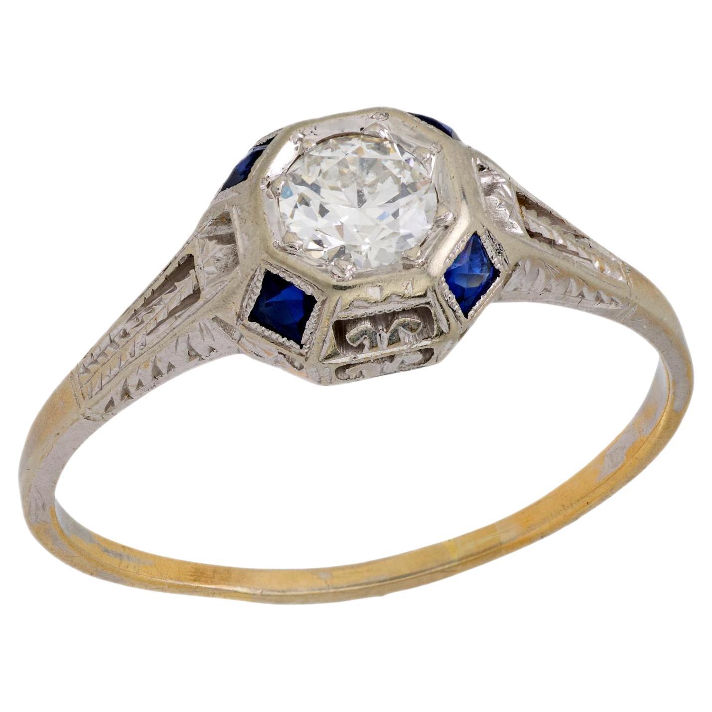 Art Deco diamond sapphire 18k white gold engagement ring