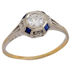 Art Deco diamond sapphire 18k white gold engagement ring