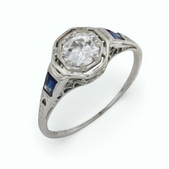 Anello di fidanzamento Art Deco con diamante e zaffiro in oro bianco 18 carati