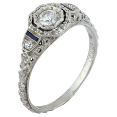 Art Deco diamond sapphire 18k white gold engagement ring