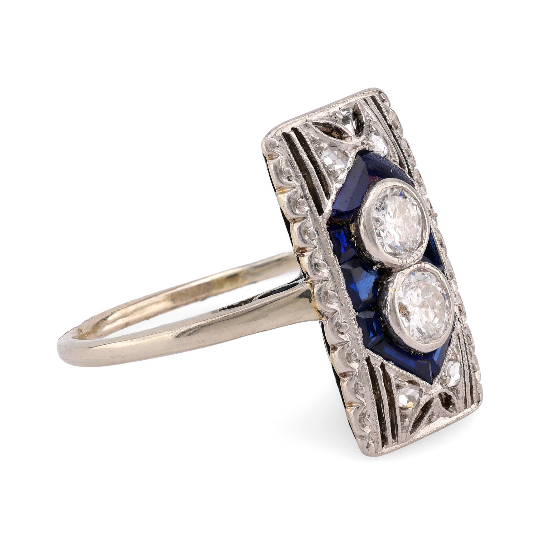 Old European Cut Art Deco Diamond Sapphire 18K White Gold Two Stone Ring For Sale