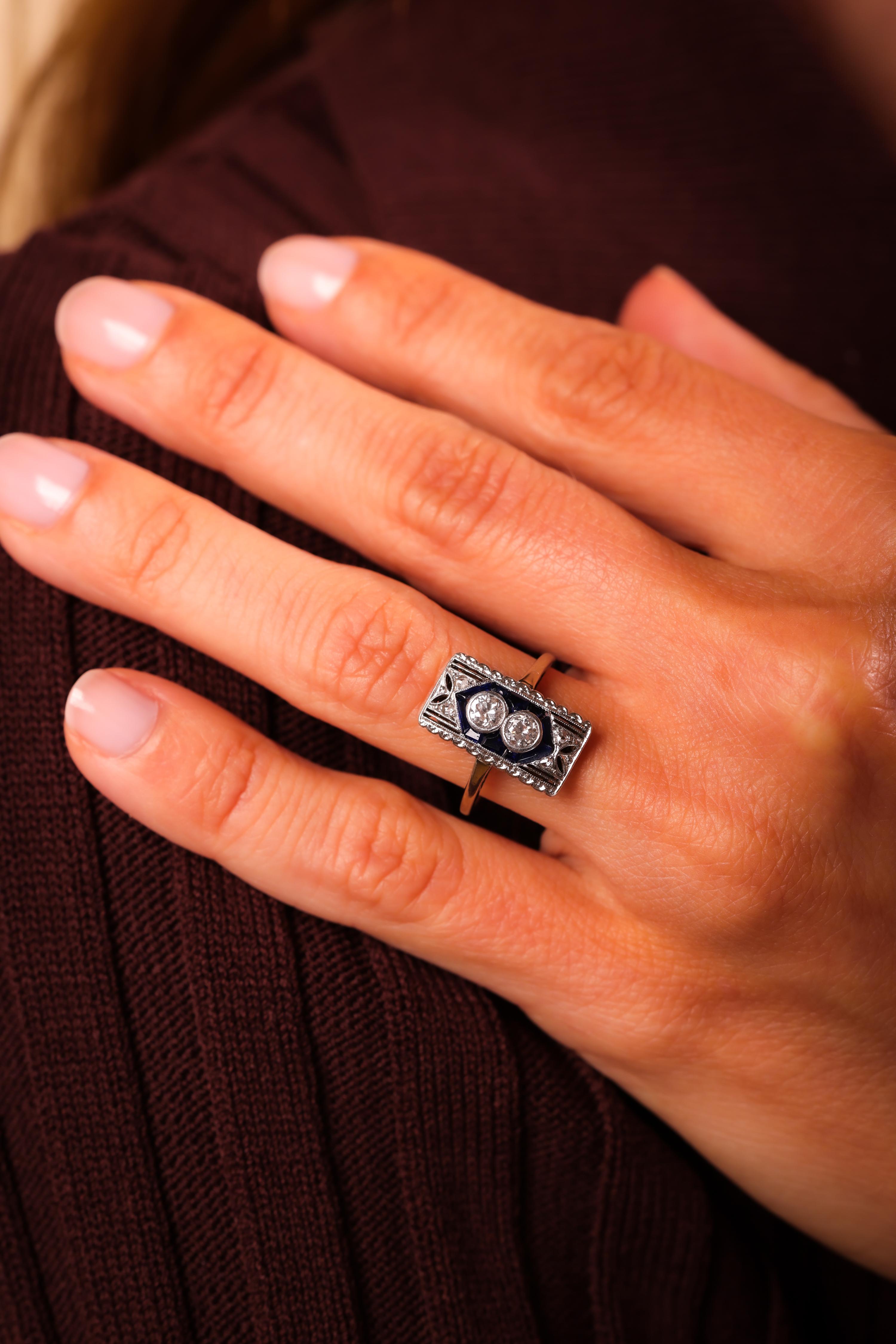 Art Deco Diamond Sapphire 18K White Gold Two Stone Ring In Excellent Condition For Sale In Beverly Hills, CA