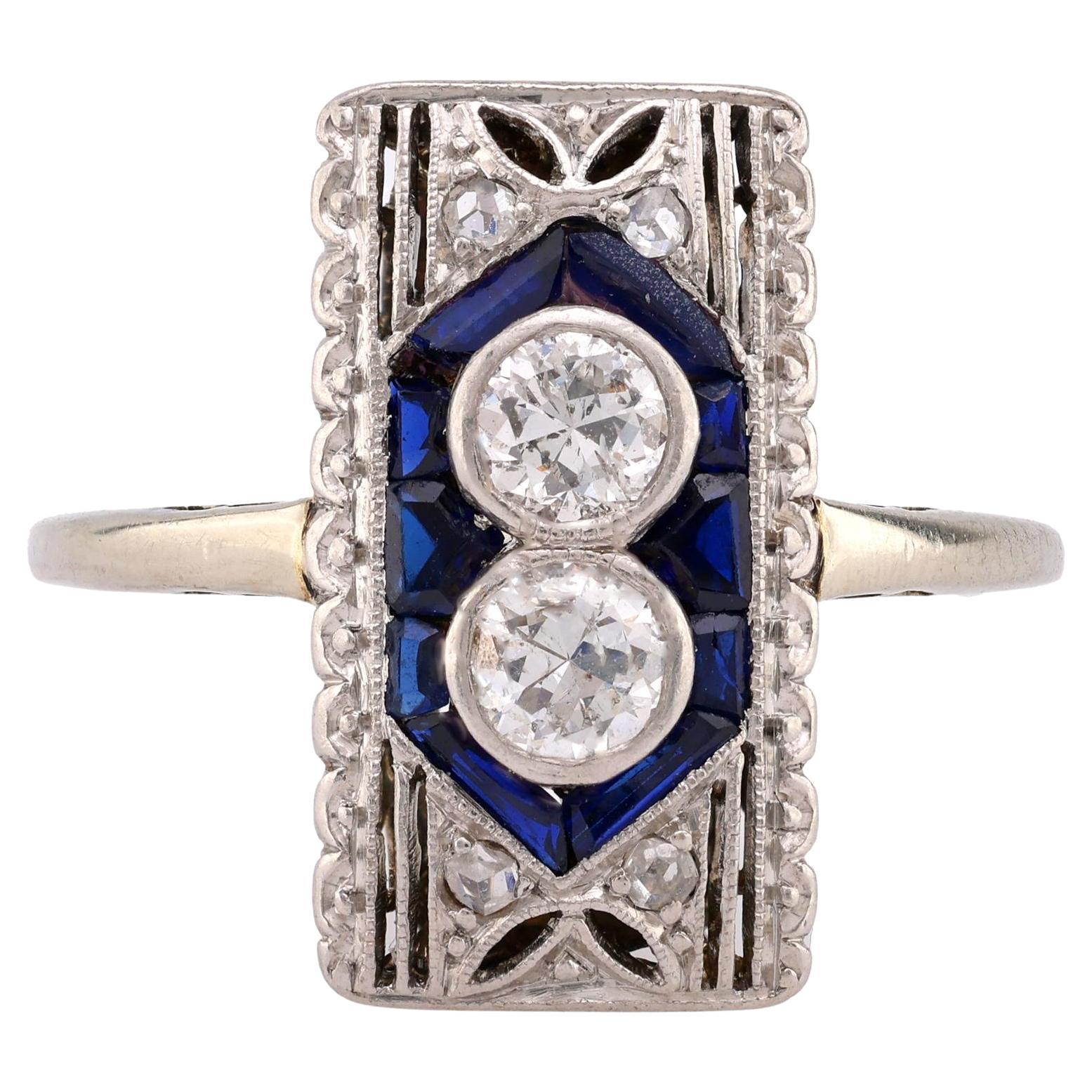 Art Deco Diamond Sapphire 18K White Gold Two Stone Ring