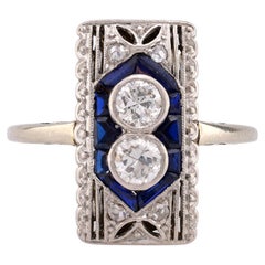 Art Deco Diamond Sapphire 18K White Gold Two Stone Ring