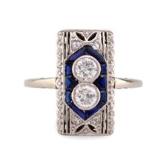 Anello a due pietre in oro bianco 18 carati con diamante e zaffiro Art Deco