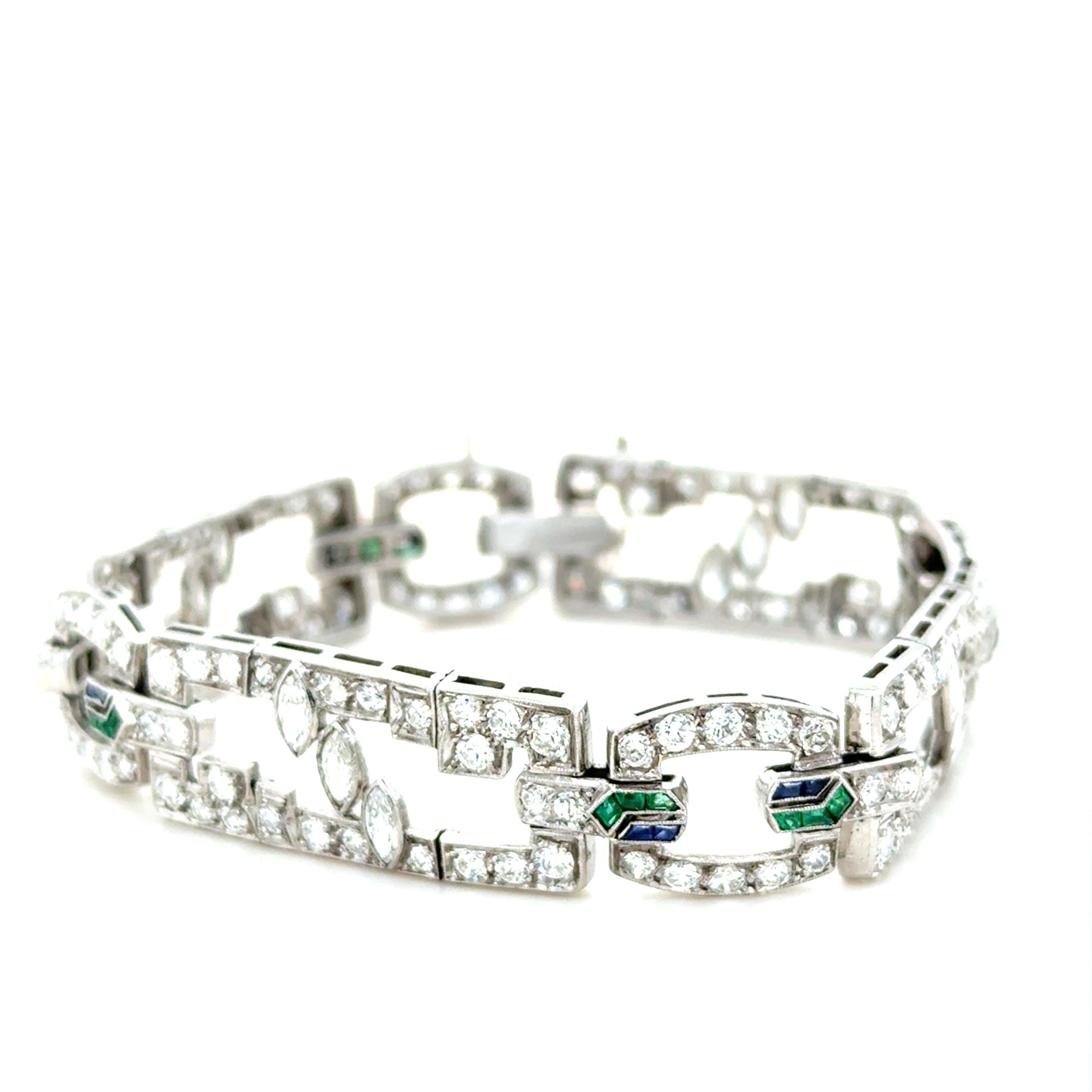 Art Decó, Pulsera de diamantes, zafiros y esmeraldas Corte europeo antiguo en venta