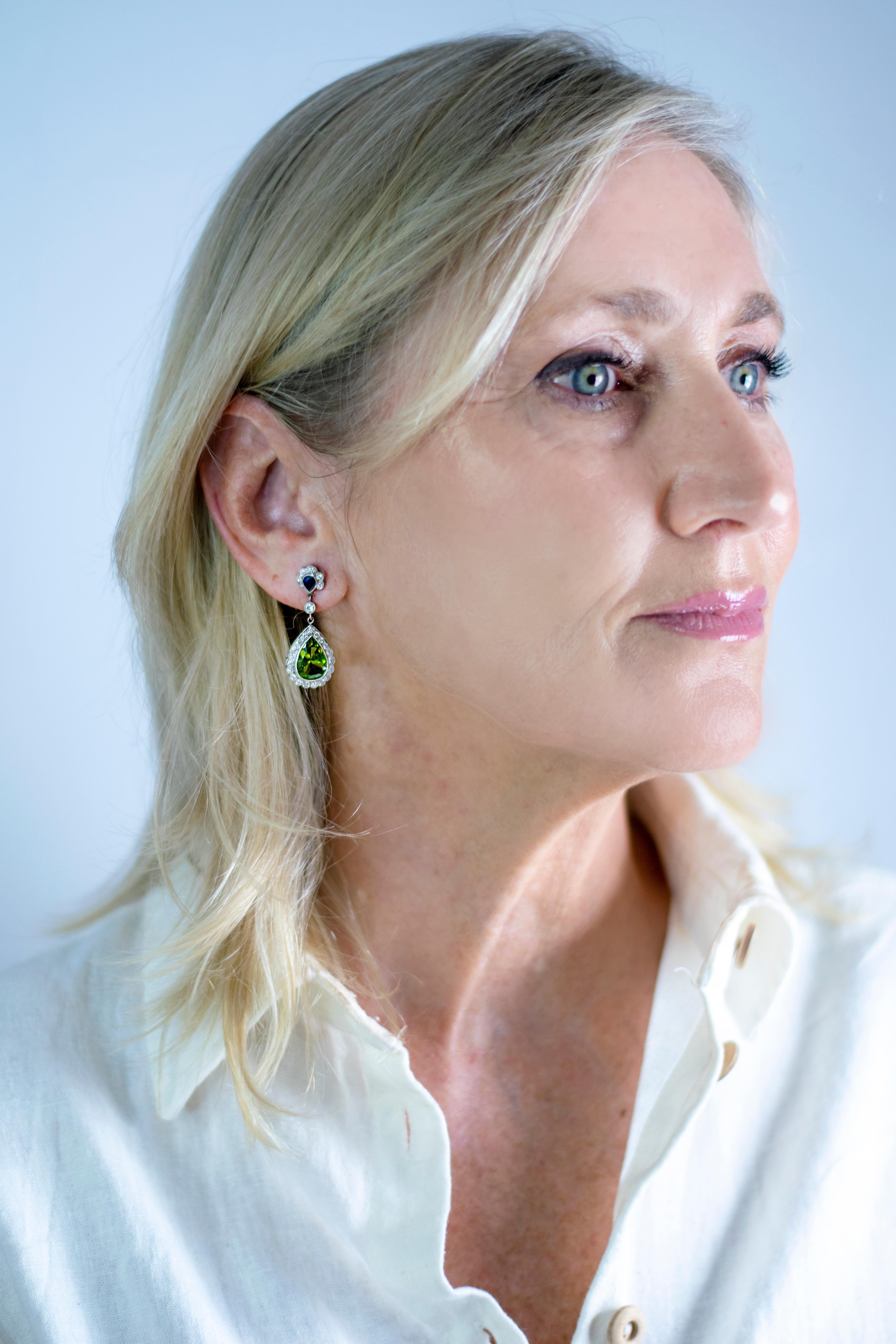 Brilliant Cut Art Deco Diamond, Sapphire, and Peridot Platinum 950 Earrings For Sale