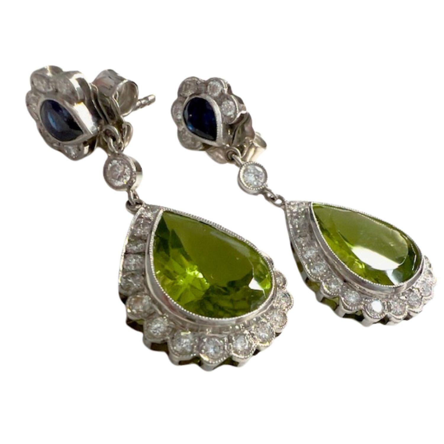 Women's Art Deco Diamond, Sapphire, and Peridot Platinum 950 Earrings For Sale