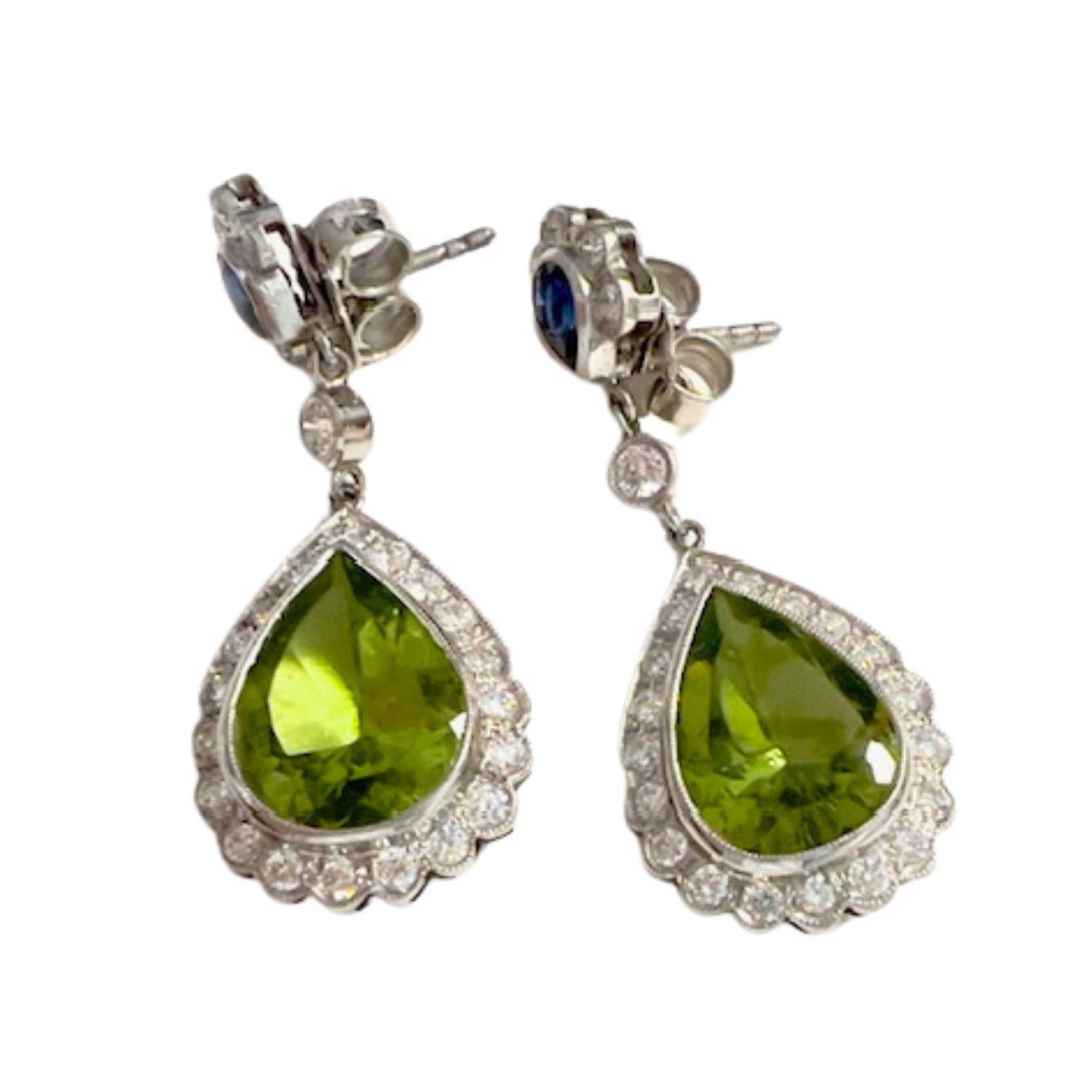 Art Deco Diamond, Sapphire, and Peridot Platinum 950 Earrings For Sale 1