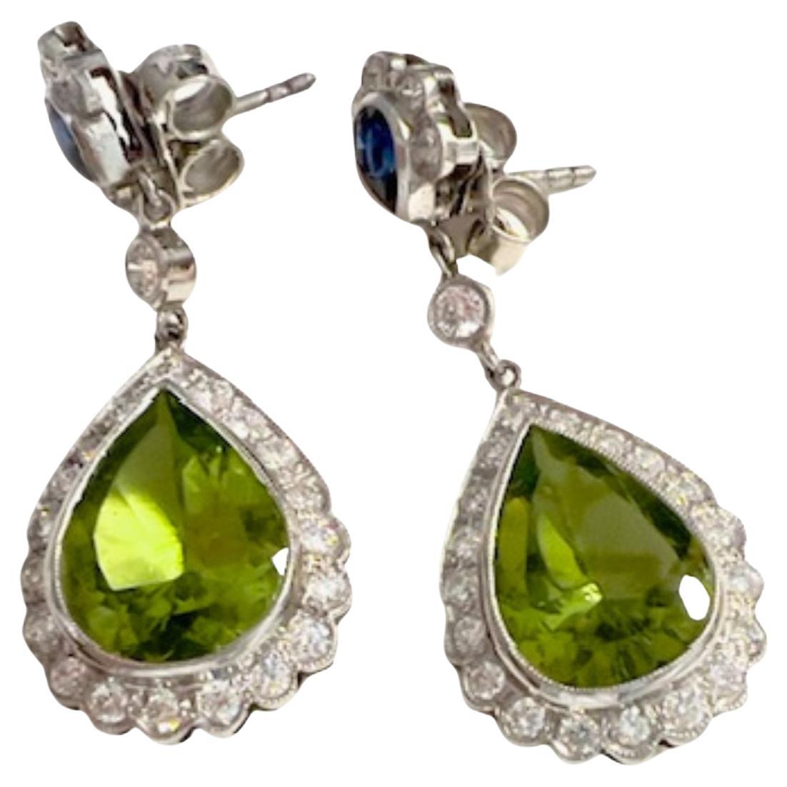 Art Deco Diamond, Sapphire, and Peridot Platinum 950 Earrings