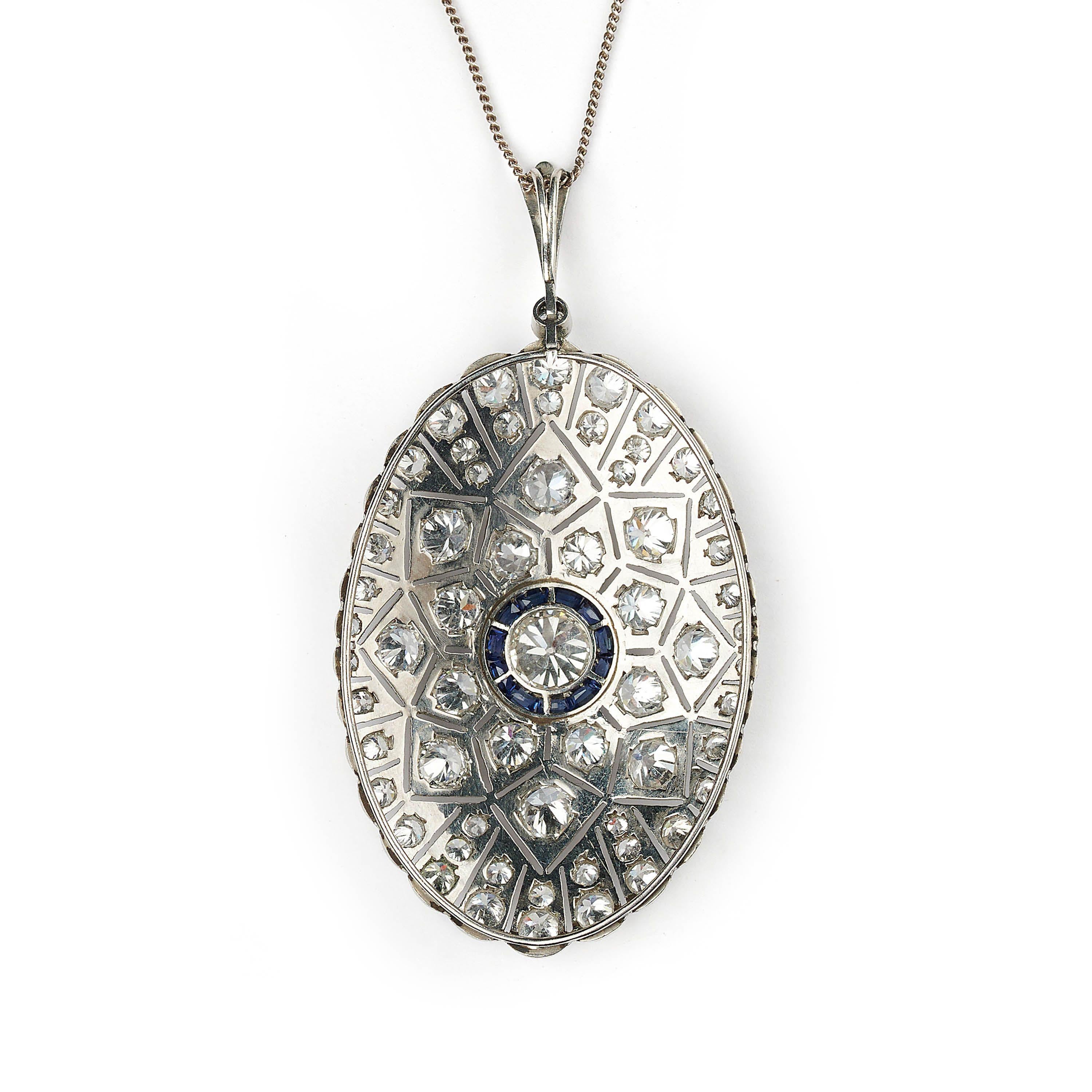 Old European Cut Art Deco Diamond, Sapphire and Platinum Pendant, circa 1925