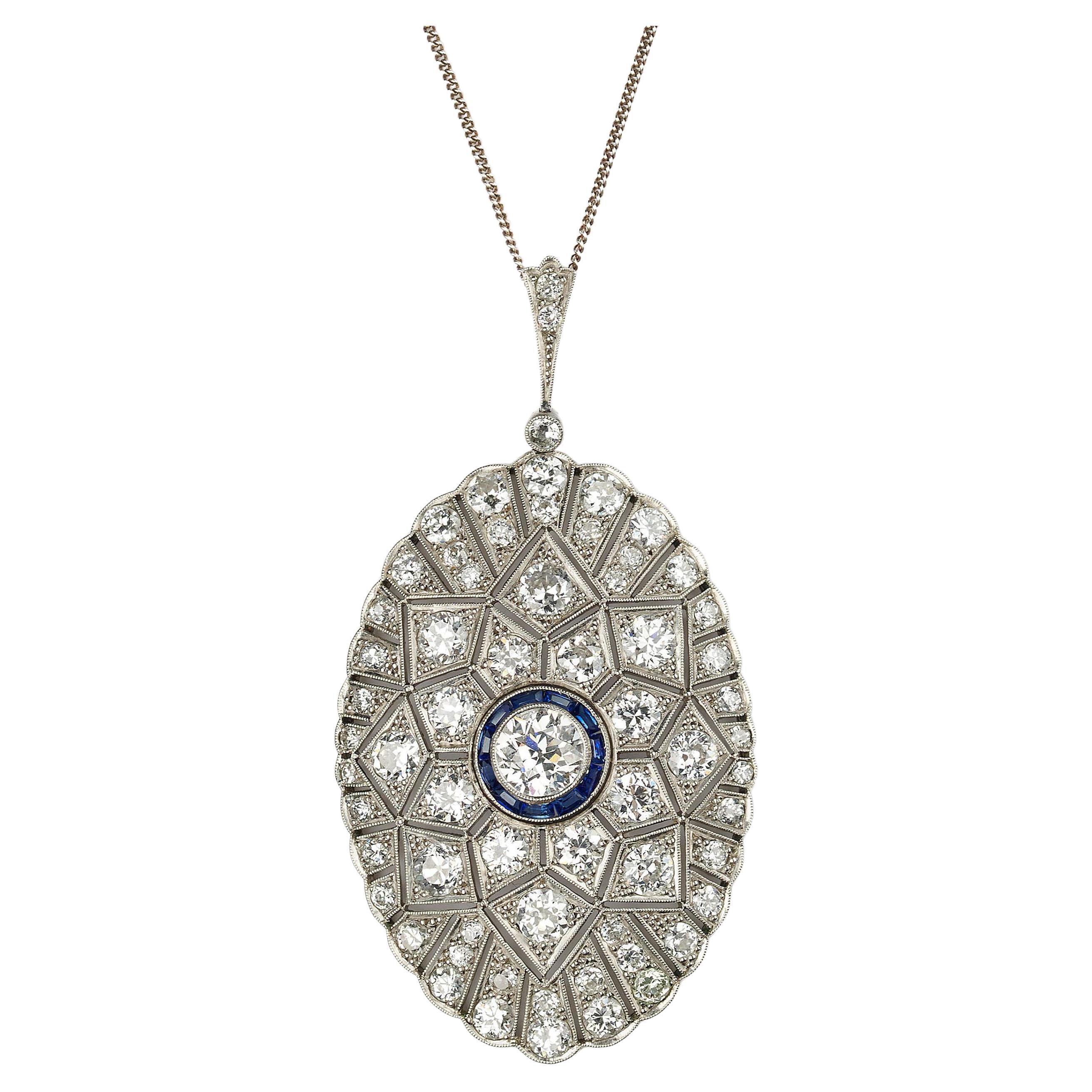 Art Deco Diamond, Sapphire and Platinum Pendant, circa 1925