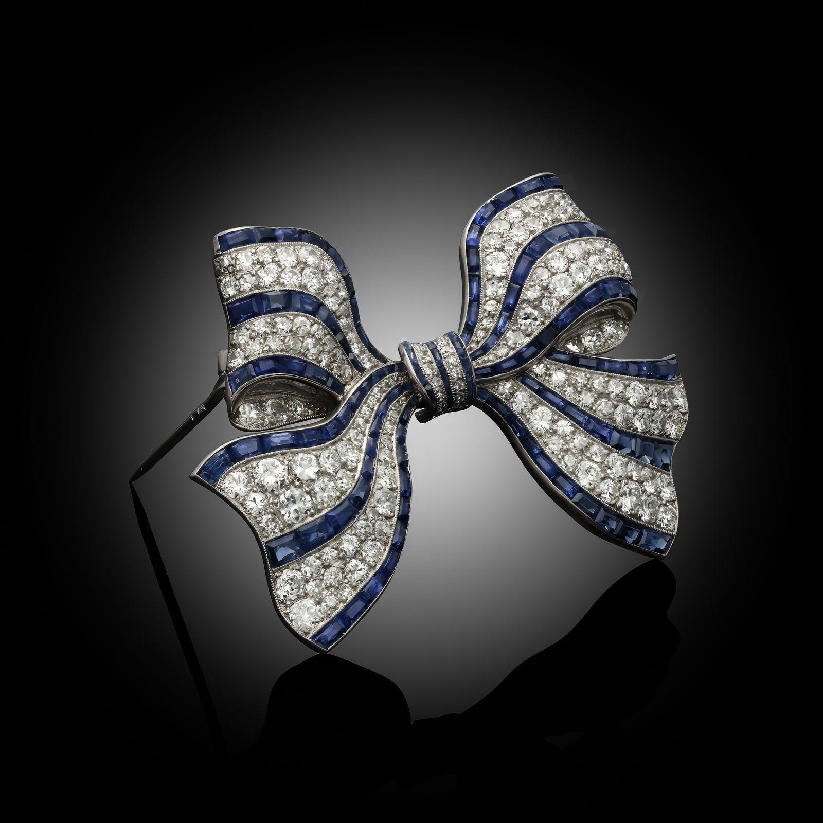 Old European Cut Art Deco Diamond & Sapphire Bow Brooch Circa 1920 For Sale