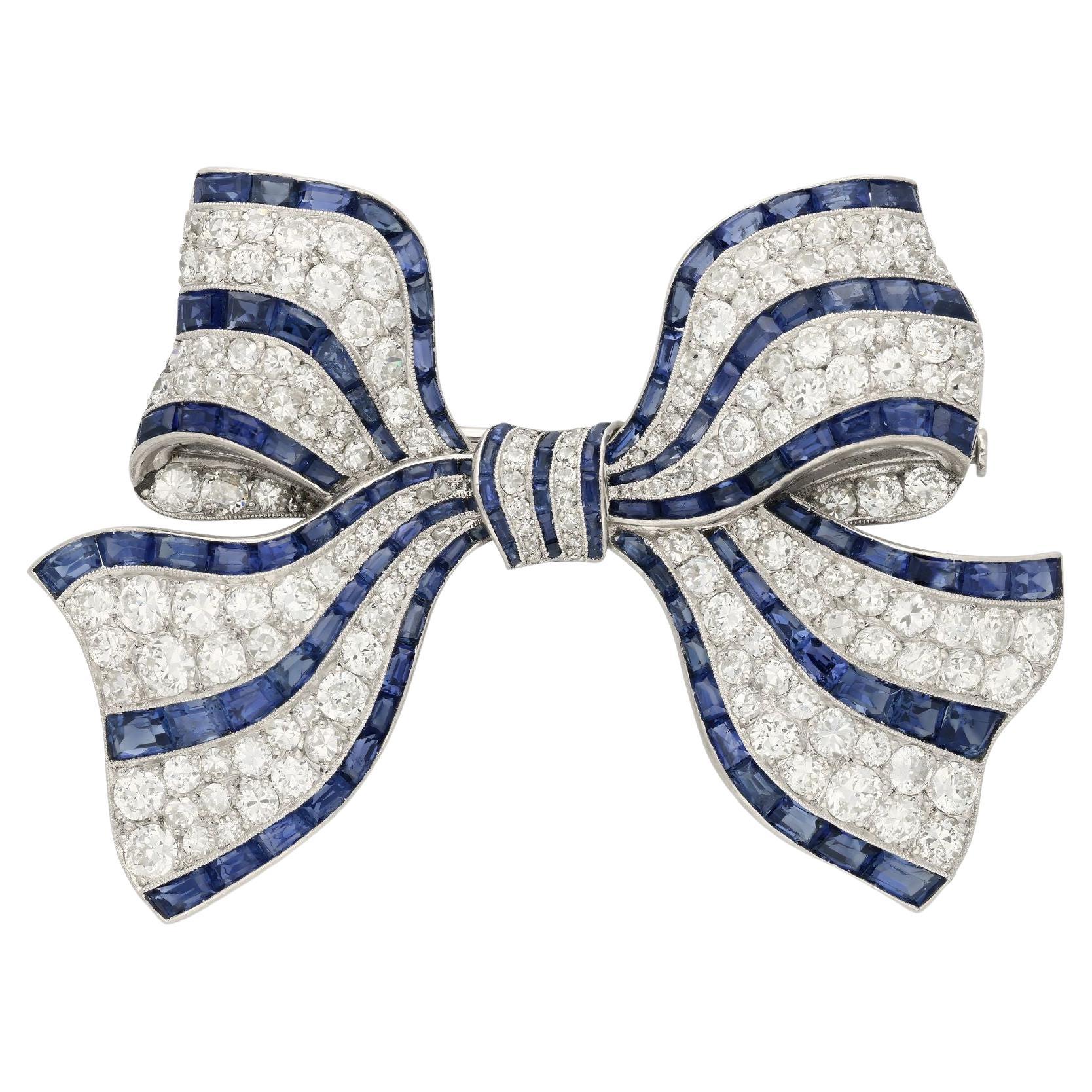 Art Deco Diamond & Sapphire Bow Brooch Circa 1920